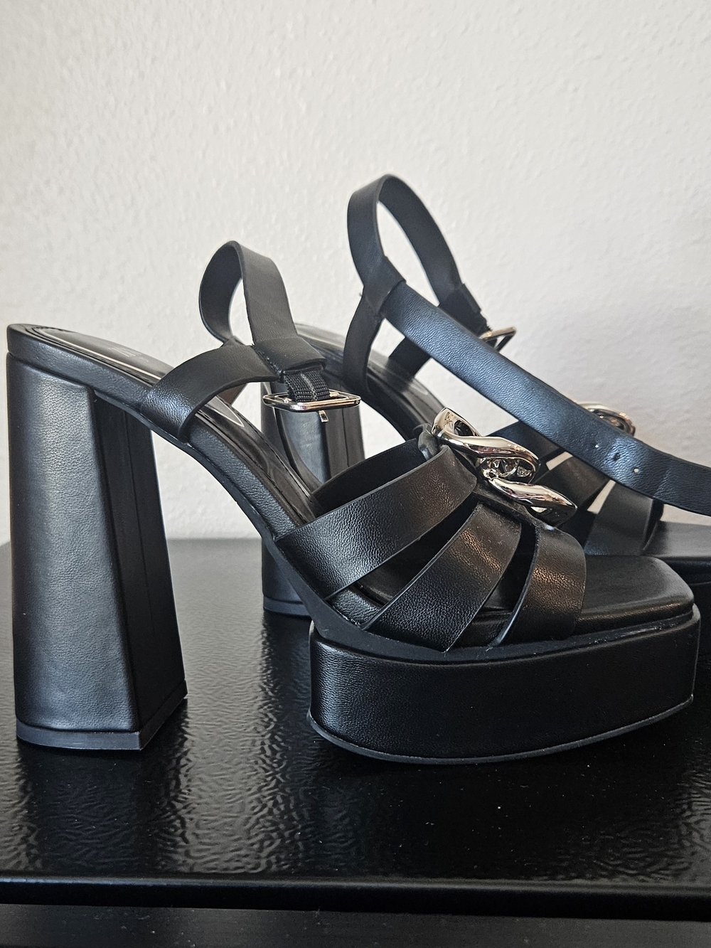 Black Platform Slingback Sandals with Silver Chain Accent - Picture 4 of 4